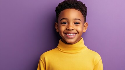 Smiling Stylish Kid in Yellow Knit Sweater Leaning on Purple Wall Outdoors