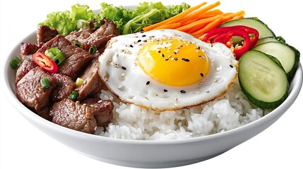 Korean Style Beef and Rice Bowl with Fresh Vegetables Raw Egg and Kimchi