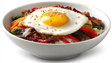 Traditional Korean Bibimbap Bowl with Cooked Vegetables Fried Egg and Rice
