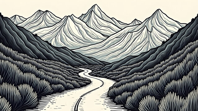Winding road traverses vintage mountain landscape in detailed woodcut illustration