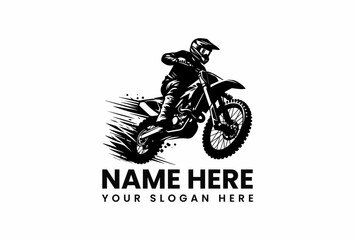 Stylized black vector logo featuring motocross bike mid-air with explosive dirt spray on rugged terrain