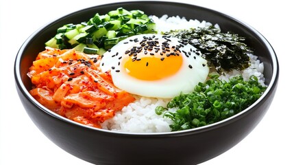 Korean Vegetable Bibimbap with Carrots Spinach Kimchi Egg and Spicy Sauce