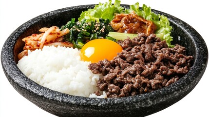 Korean Bowl with Cooked Rice Carrot Cucumber Spinach Kimchi and Fried Egg