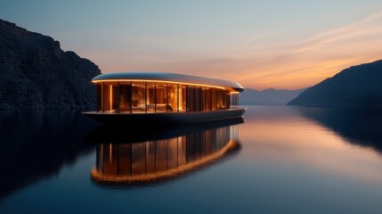 A stunning luxury villa floats serenely on tranquil waters, reflecting the colors of a beautiful sunset in the background, creating a serene and dreamy atmosphere.