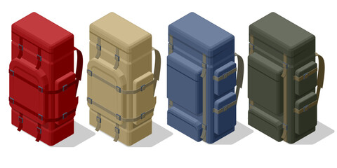 Isometric A durable, spacious hiking backpack with a rigid ergonomic back panel, adjustable shoulder straps, and multiple external pockets for organized gear storage on long treks.