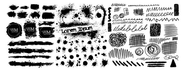 Black brush stroke set isolated on background. Paint brush stroke for ink paint, grunge design element, dirt banner, watercolor design, dirty texture. Trendy brush stroke. hand drawn. Not AI, Vector.