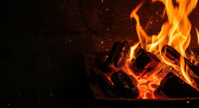 Red-hot embers crackling within intense orange flames, creating a vivid contrast with the dark background. Copy space