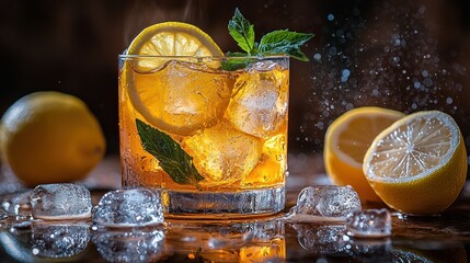 Iced drink with lemon & mint, condensation on glass