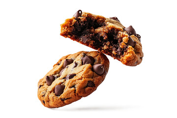 Crispy chocolate chip cookie broken half floating on white background delicious dessert idea for baking visuals and snack branding