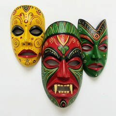 Three colorful wooden masks with different designs on a white background