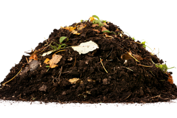 Pile of dark brown compost with decaying leaves and plant matter isolated on white or transparent png