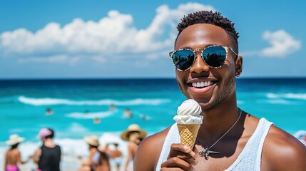 Curly Haired Man Holding Ice Cream Cone Beach Crowd Background Summer Day