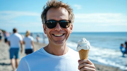 Curly Haired Man Holding Ice Cream Cone Beach Crowd Background Summer Day