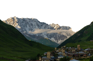 Mountain valley with green hills with village in Svaneti against snowy mountain Shkhara transparent background
