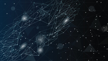 Futuristic polygonal mesh with glowing nodes, dark blue background, digital network, modern tech wallpaper © Marina