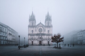 Obraz premium Foggy morning scene with a historical church in a city square.