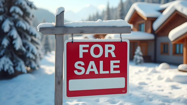 Real estate sign indicates property is sold in mountain chalet area