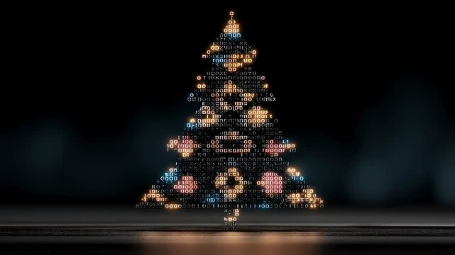 Creative digital Christmas tree made of binary code lights up during festive season