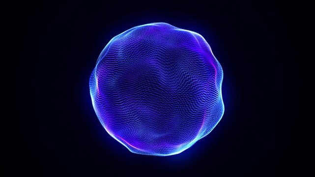Neon futuristic 3d sphere, virtual reality, abstract technology concept. Vibrant particle sphere liquid morphing. Purple and blue gradient technology sphere. Artificial Intelligence, big data. 4k loop