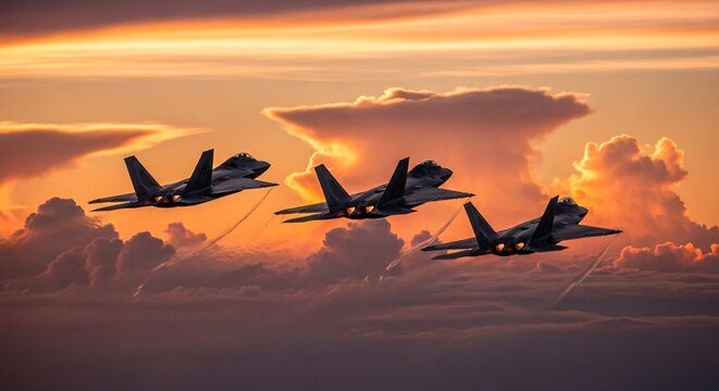 Aerial combat jets, soaring against a vibrant sunset sky. The jets create dynamic streaks of vapor, symbolizing speed, power, and precision.