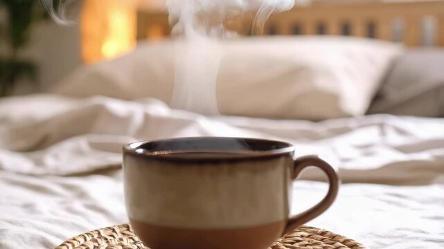 Steaming mug of hot beverage sits on woven coaster atop rumpled bed, creating a cozy and inviting scene.