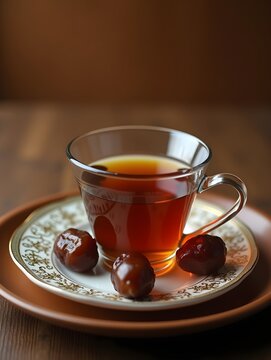 a cup tea and dates on plate for ramadan iftar style professional advertising food photography