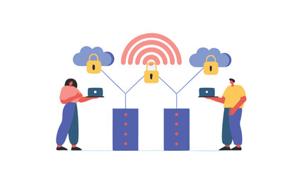 Illustration showing secure cloud network with people and laptops connected to servers and wifi signal