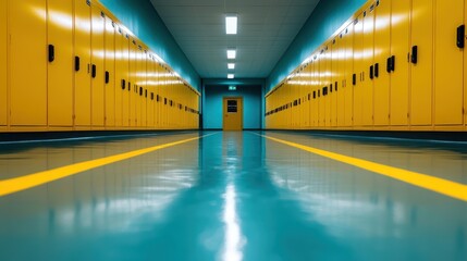 A long, brightly colored hallway lined with yellow lockers, creating a lively and animated atmosphere often associated with bustling school life and youthful energy.