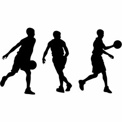 Silhouette of three basketball players dribbling and passing the ball in a black and white image format created with generated ai