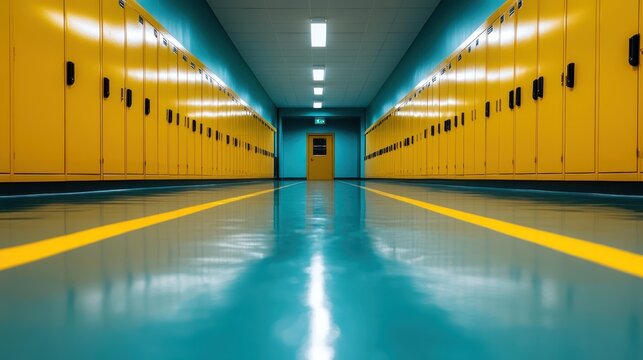 A long, brightly colored hallway lined with yellow lockers, creating a lively and animated atmosphere often associated with bustling school life and youthful energy.