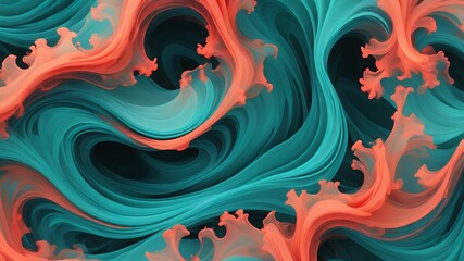 Fototapeta premium Abstract teal and coral waves flowing and swirling in a dynamic and fluid composition design