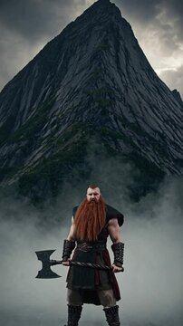 Guerrier barbu avec hache devant une montagne