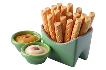 Breadsticks with two dipping sauces in green bowls