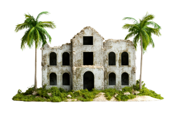 Abandoned historical building with palm trees isolated setting scenic architectural concept isolated on transparent background