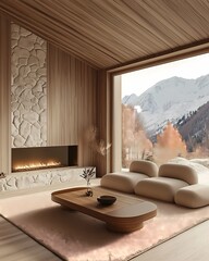Modern rustic cabin with a stone fireplace, minimalist furniture, soft lighting, wooden walls and floors, large sliding doors opening to the mountain view