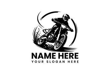 Dynamic black silhouette vector logo of motocross rider jumping dirt bike with dramatic dirt spray action