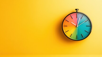 A vibrant clock with a colorful dial hangs against a bright yellow wall, representing the passage of time and the beauty of simplicity in design and life.