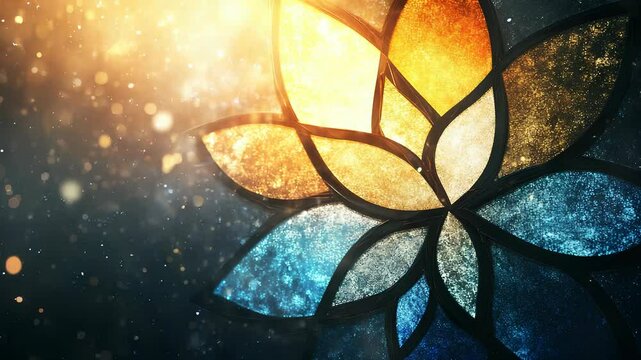 Abstract stained glass window with floral motif and sparkling particle effects overlay - Powered by Adobe
