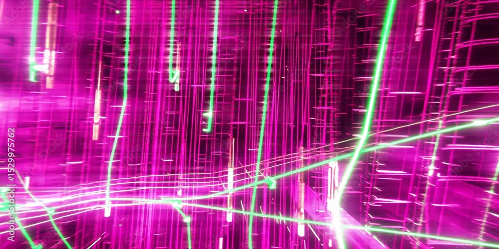 Poster abstract futuristic cityscape with pink grid and green lines creating a complex network view