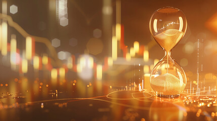 Glass hourglass on a chart with gold lights. Suitable for time management, financial concepts, productivity, business themes, and elegant designs.