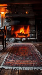 Mountain cabin with rustic stone fireplace, wooden floors, antique furniture, large rug, and wooden beams overhead, warm tones and natural textures