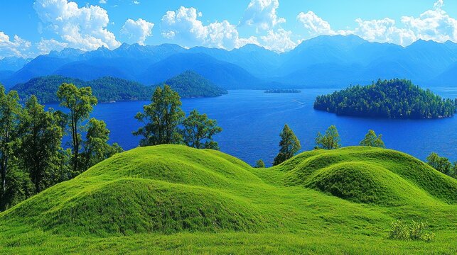 Lush green hills overlook a serene blue lake and mountains