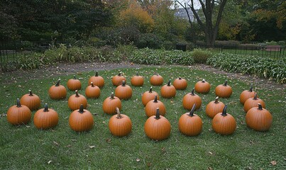 A neatly arranged array of numerous pumpkins sits on a verdant lawn within a park-like setting, surrounded by autumnal foliage