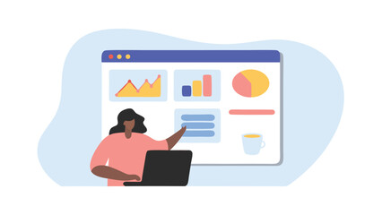 Woman presenting data charts on screen using laptop in a light blue background illustration style
