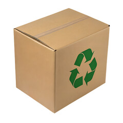 Cardboard recycling box with green symbol isolated on transparent background, eco-friendly...