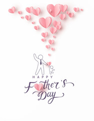 Father's day postcard with pink paper flying elements on white background. Drawing dad and child. Vector symbols of love in shape of heart for greeting card design