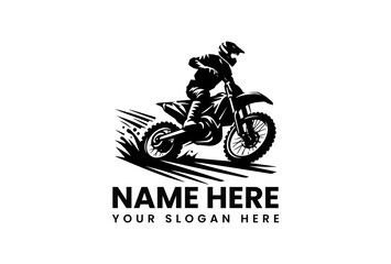 Dynamic black silhouette vector logo of a motocross rider on a dirt bike creating a spray of dirt. Extreme sports concept