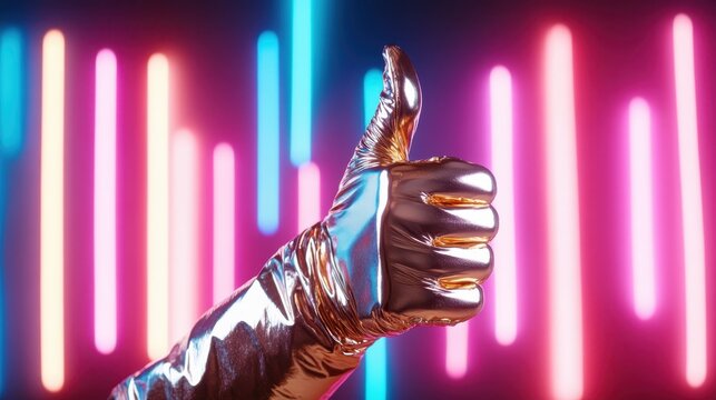 A shiny metallic glove giving a thumbs up gesture, set against a vibrant backdrop of neon lights, symbolizes positivity, achievement, and modern artistic expression.