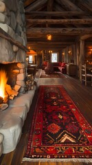 Mountain cabin with rustic stone fireplace, wooden floors, antique furniture, large rug, and wooden beams overhead, warm tones and natural textures