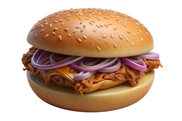 Delicious pulled pork burger with sesame bun and red onions